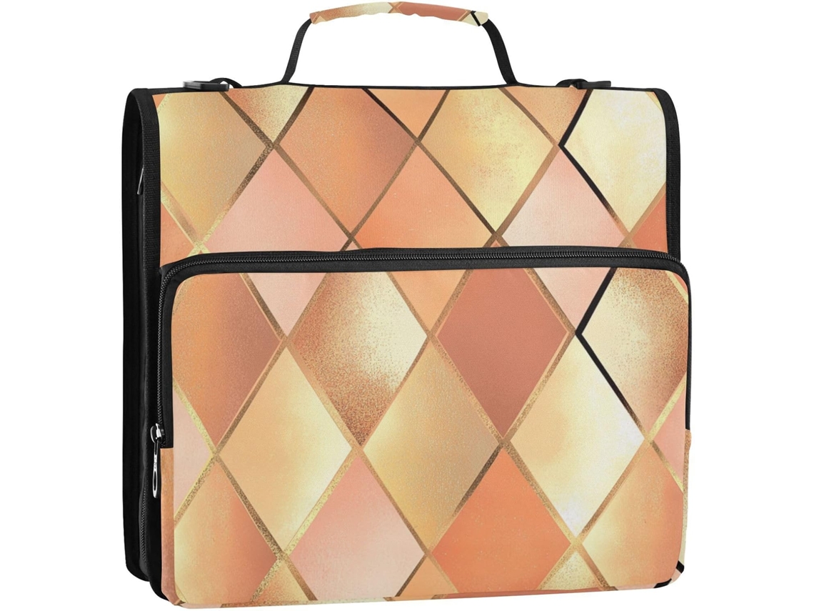 Organizador de Fichário 3 Argolas em Tom Rosé Gold com Alça Ombro e Vários Bolsos, Ideal para Escola/escritóri