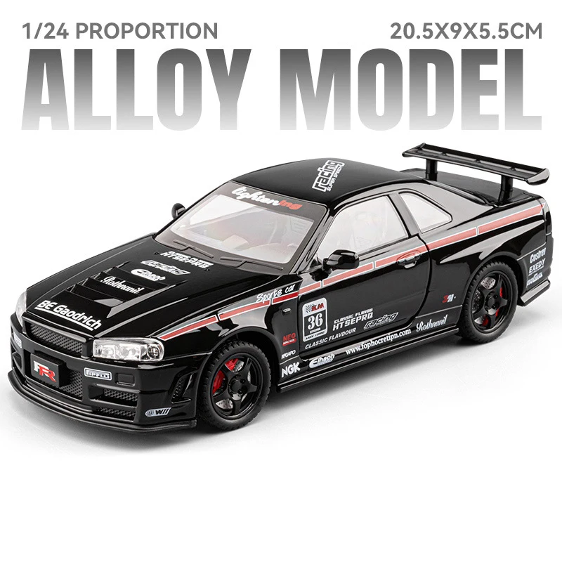 (gtr-r34 Preto) Escala 1:24 - Miniatura De Carro Esportivo - Portas Que Abrem - Alta Simulação