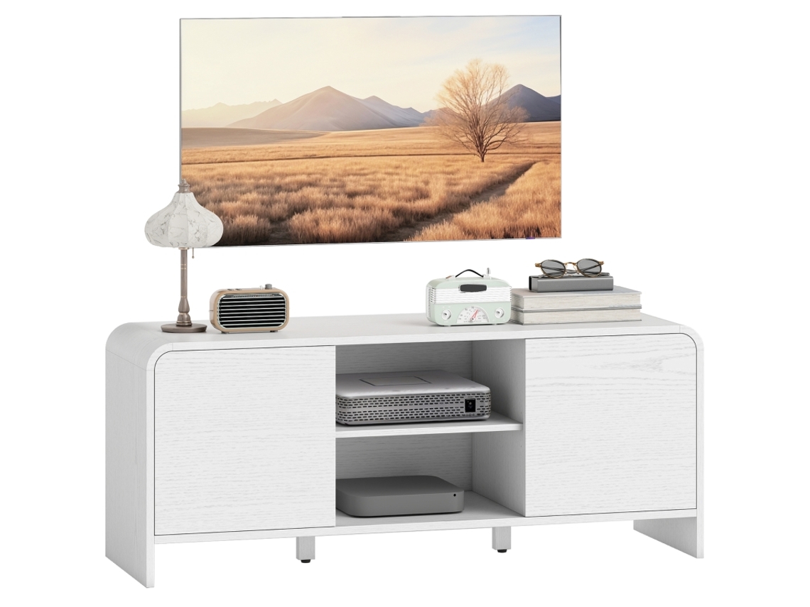 Suporte Para Tv Até 55 Polegadas Com 2 Portas E Prateleira Ajustável,110x35x45cm,na Cor Branca