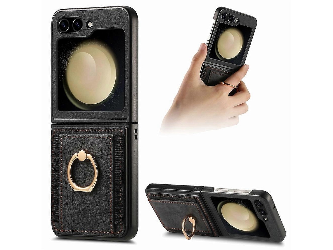 Capa Dobrável De Couro Retrô Com Anel Para Samsung Galaxy Z Flip6 Junsunmay