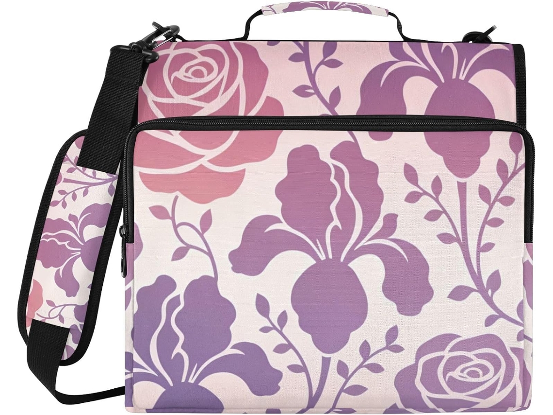 Pasta Organizadora de 3 Argolas com Alça em Formato Flor Roxa, Fácil de Transportar, Ideal para Mesa, Escola e Outros Usos