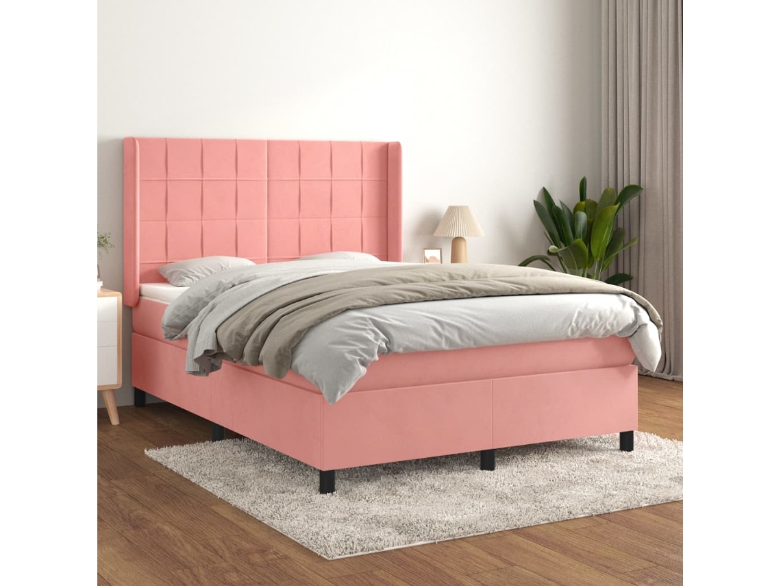 Vidaxl Cama Com Molas/colchão 140x200 Cm Veludo Rosa