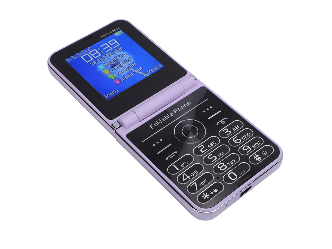 Mali telefone Flip 2g para Idosos Tela Dual 2.6 Polegadas Botões Grandes 4 Chips Lanterna Led 1400mah Roxo