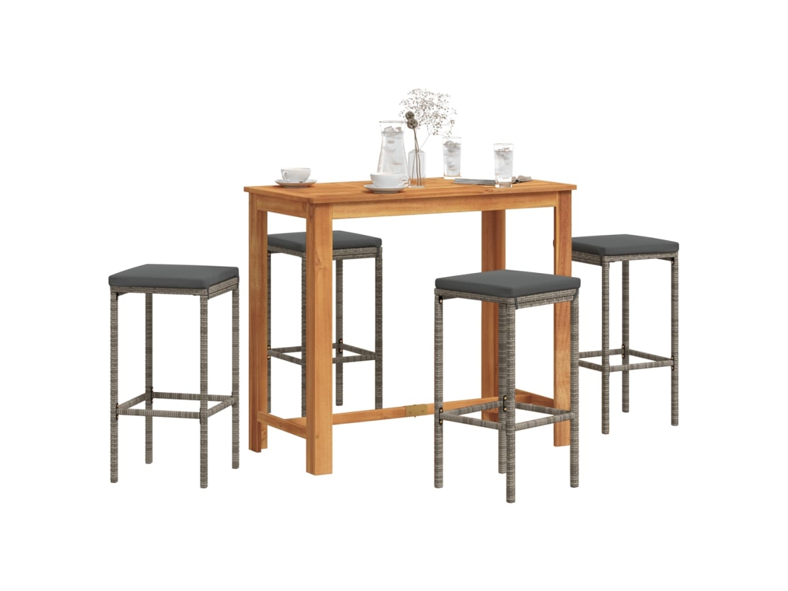 Vidaxl 5 Pcs Conjunto De Bar P/ Jardim Acácia Maciça/vime Pe Cinzento