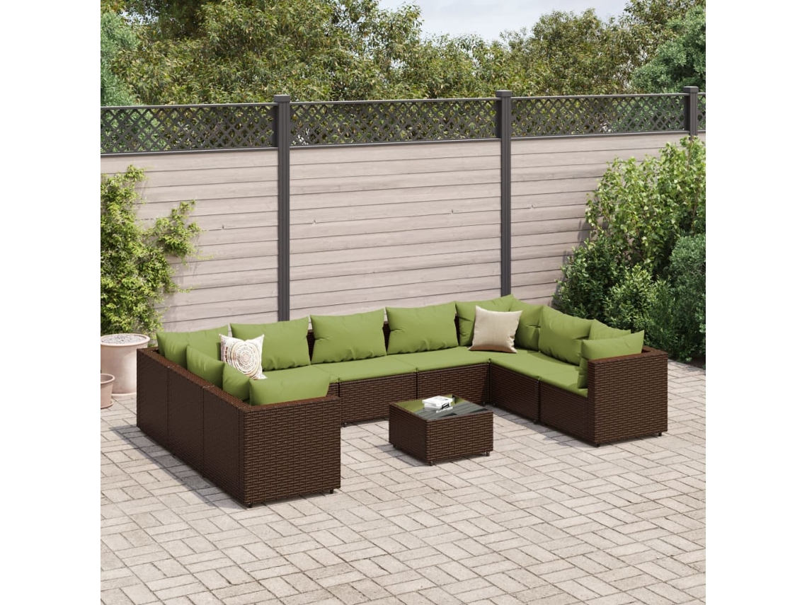 Vidaxl 10 Pcs Conjunto Lounge Jardim C/ Almofadões Vime Pe Castanho