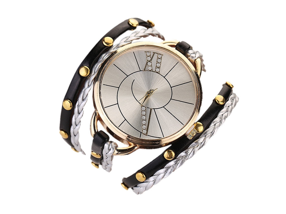 Relógio de Pulso Feminino Retro de Quartzo com Pulseira de Corda Trançada Multicamada Preto