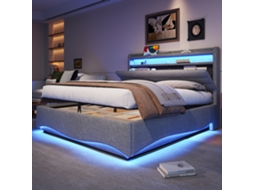 Cama Estofada Cinza 140x200 Led Usb c Hidráulica Integrada