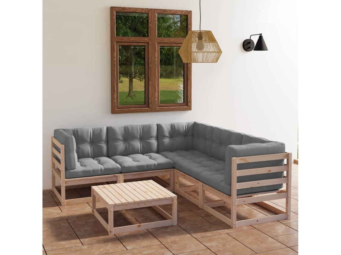 Vidaxl 6 Pcs Conjunto Lounge De Jardim Com Almofadões Pinho Maciço
