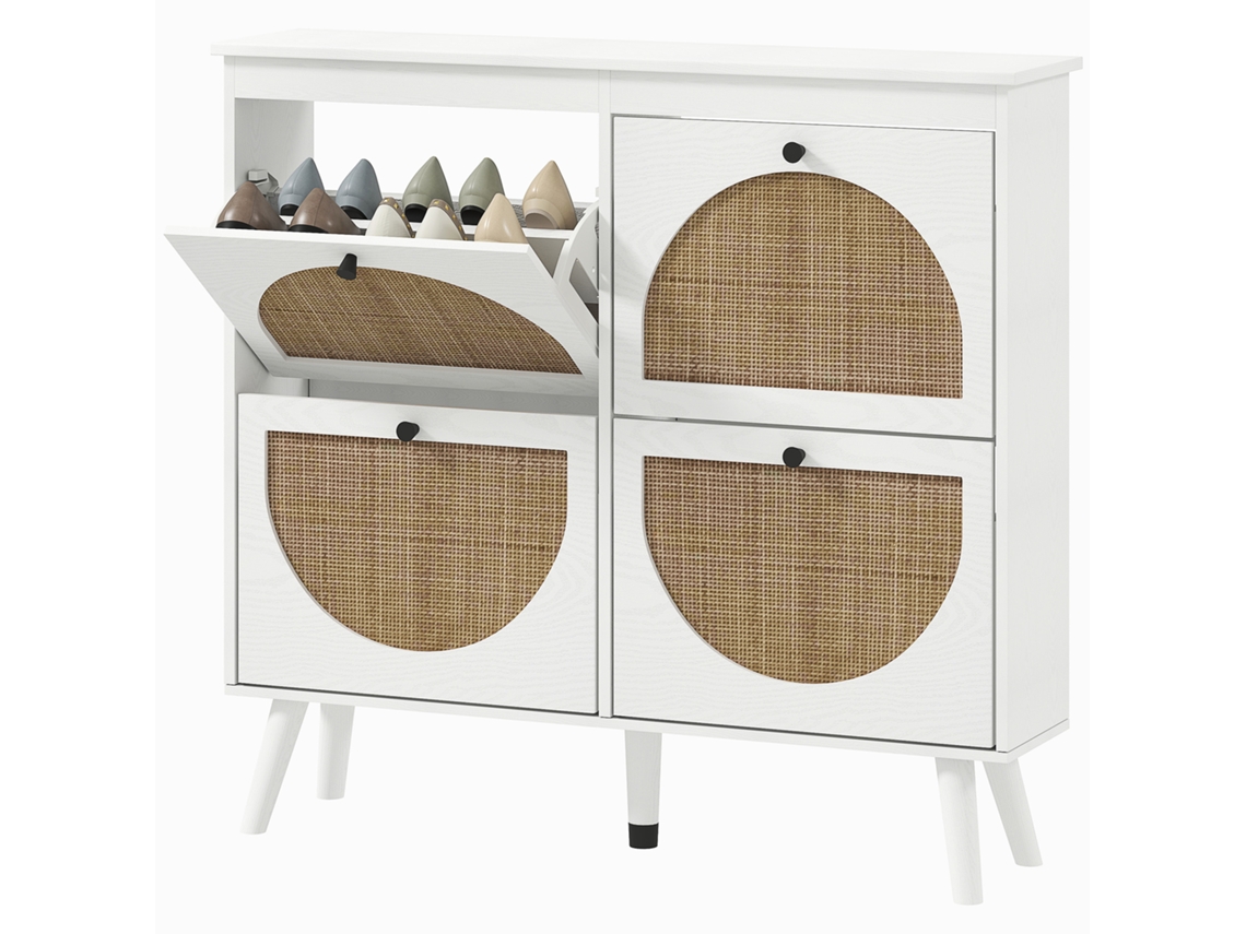 Armário Sapatos Com 4 Portas 20 Pares, Prateleira Ajustável E Pernas De Madeira Estilo Boêmio, 105x24x97,5cm, Branco
