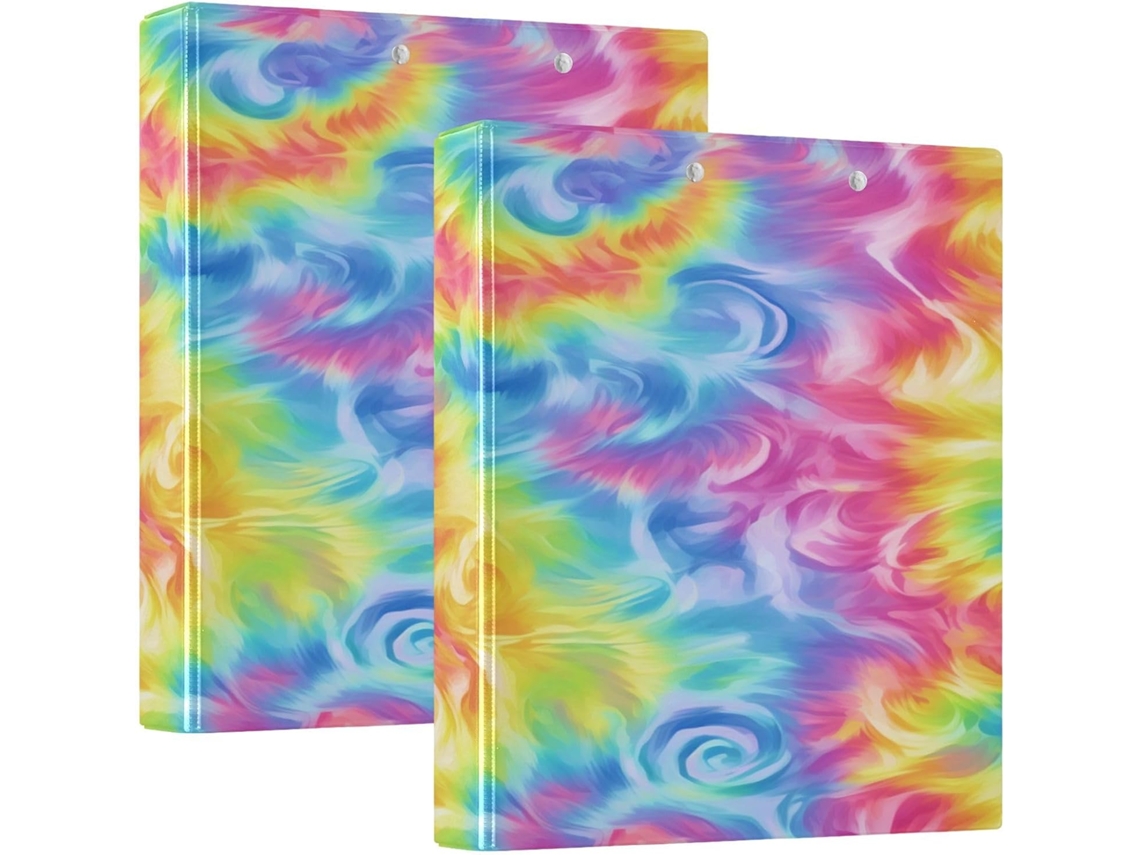 Pasta Three Rings 1, 5 Polegadas com design vibrante em estampa tie-dye e embalagens internas, pacote com 1 ou 2 unidades.