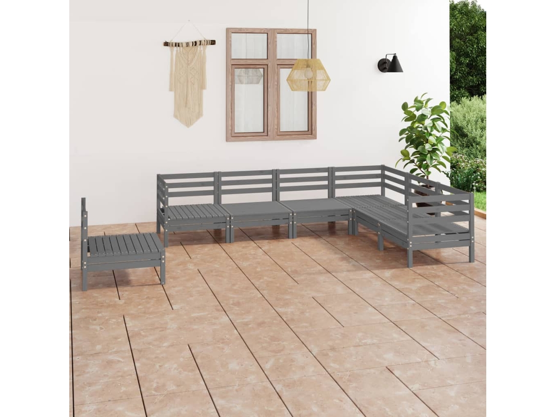 Conjunto 7 Peças Lounge De Jardim Pinho Maciço Cinzento Dkd Home Decor