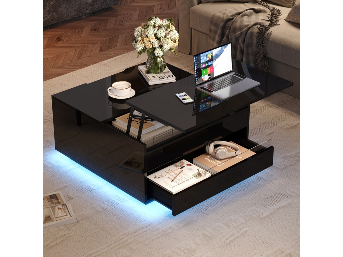 Mesa Centro 70x70x38 Led Ajustável Gaveta Compartimento Oculta