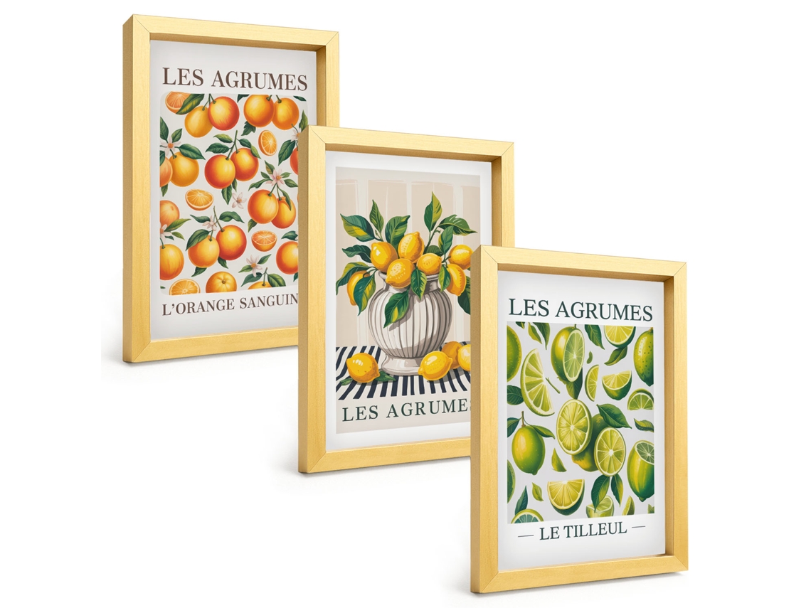 Conjunto De Pinturasfrutas Cítricas Coloridas Moldura Dourada Quadros Para A Sala De Estar Espelharte (3 Peças 20x30 Cm)
