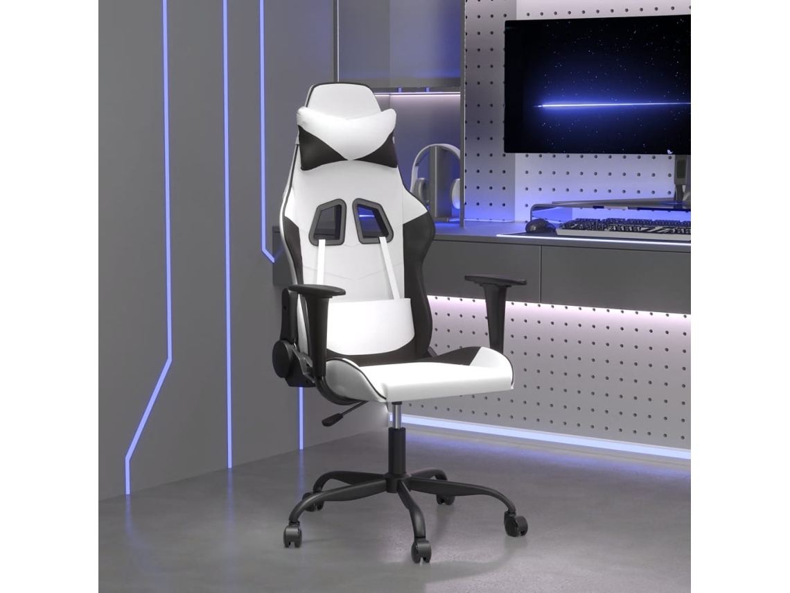 Vidaxl Cadeira Gaming Massagens Couro Artificial Branco E Preto