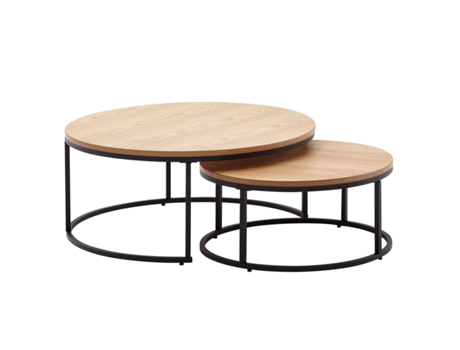Jogo de Mesa de Centro de 2 Madeira / Metal Mesita Redonda de Carvalho GERMANFY