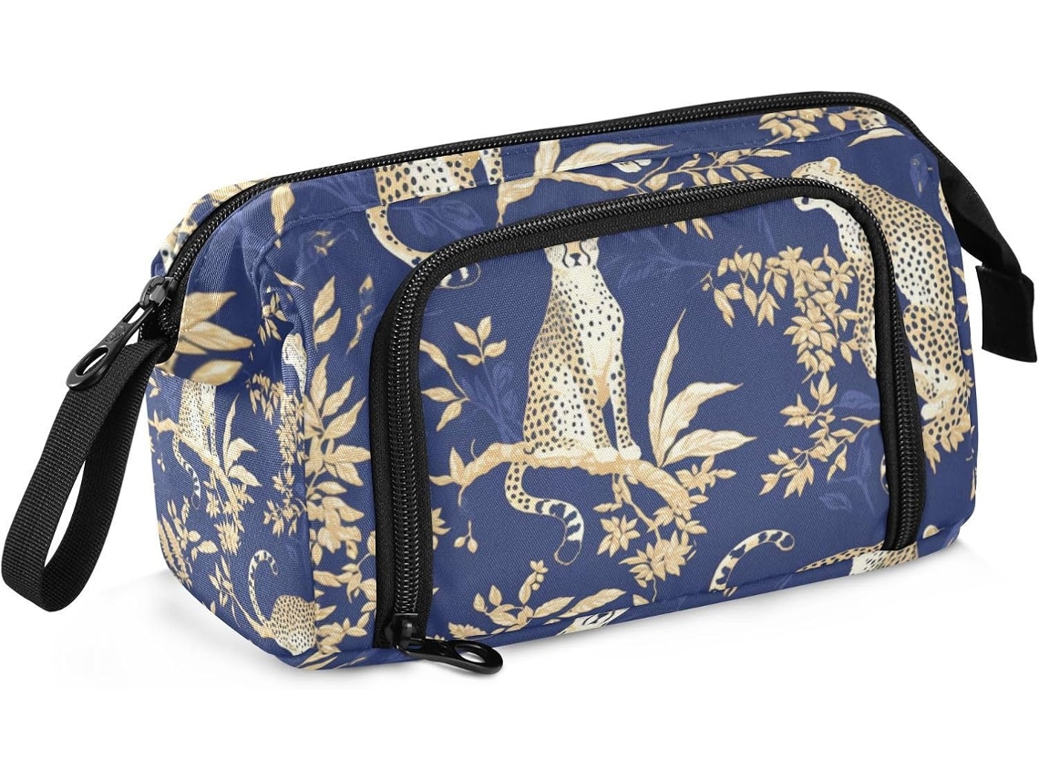 Estojo Grande com Compartimento para Lápis, Estampa de Leopardo, Azul/dourado, Ideal Meninos. 24 X 9,5 15 Cm