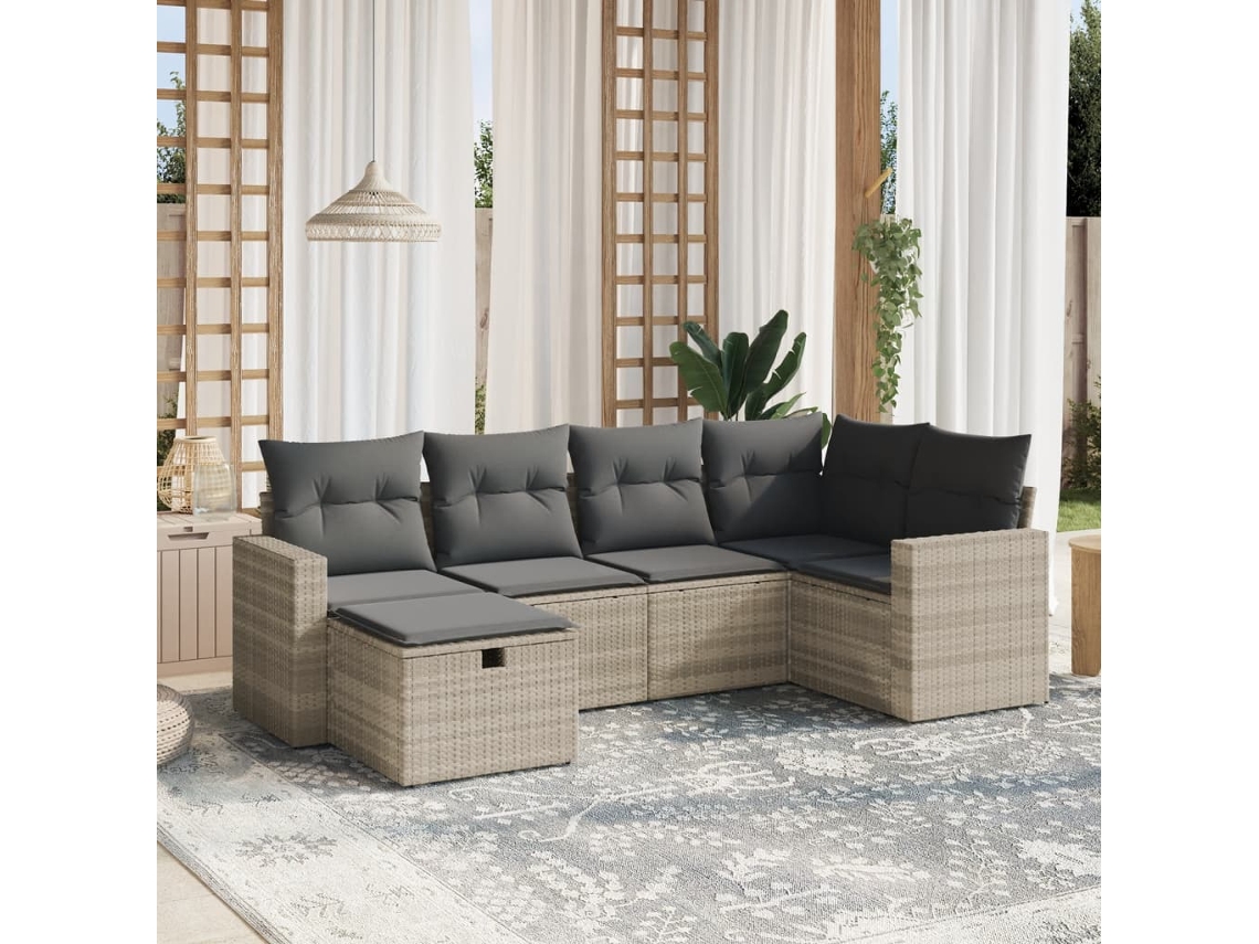 Vidaxl 6 Pcs Conj. Sofás Jardim Com Almofadões Vime Pe Cinzento-claro