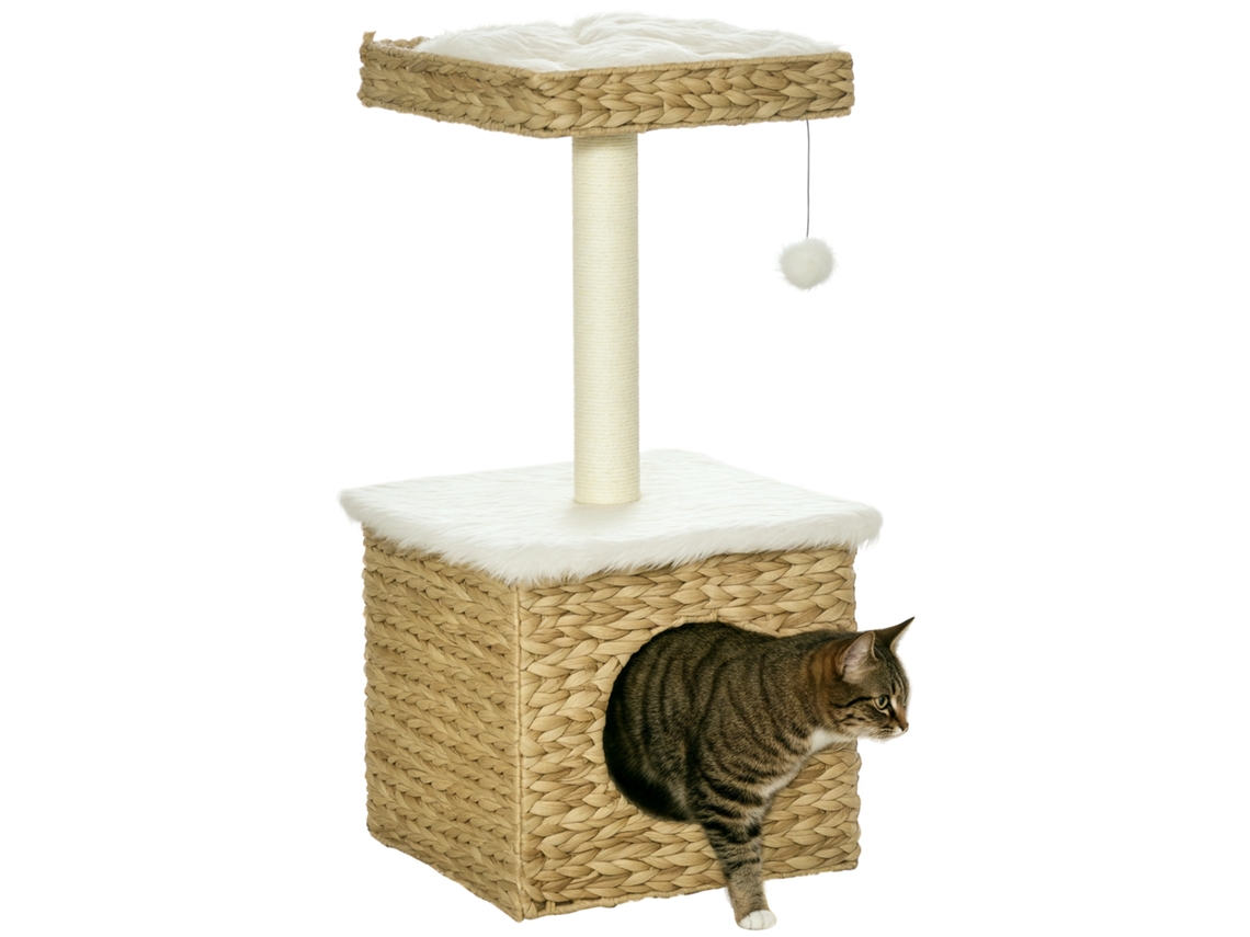 Árvore Com 2 Níveis, Nicho, Arranhador De Sisal E Plataforma, Pom-pom Suspenso, Natural