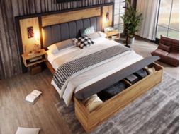 Cama De Casal 180x200 - Cama Estofada Com Candeeiro De Leitura, Mesa De Cabeceira Com Usb C E Banco Com Arrumação - Carvalho