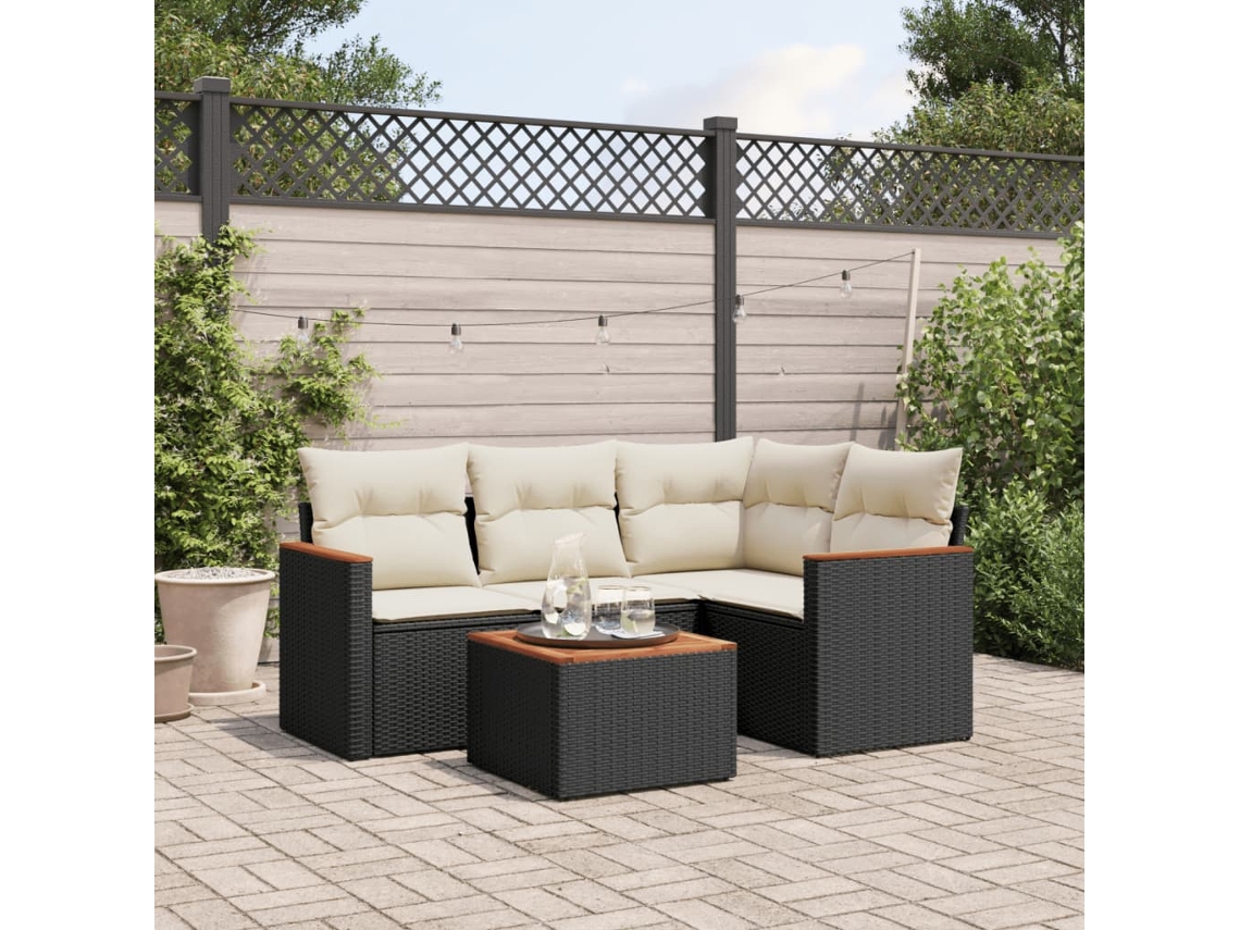 Conjunto de sofá de jardim de 5 peças com almofadas Vime Pe Black Lovely Home