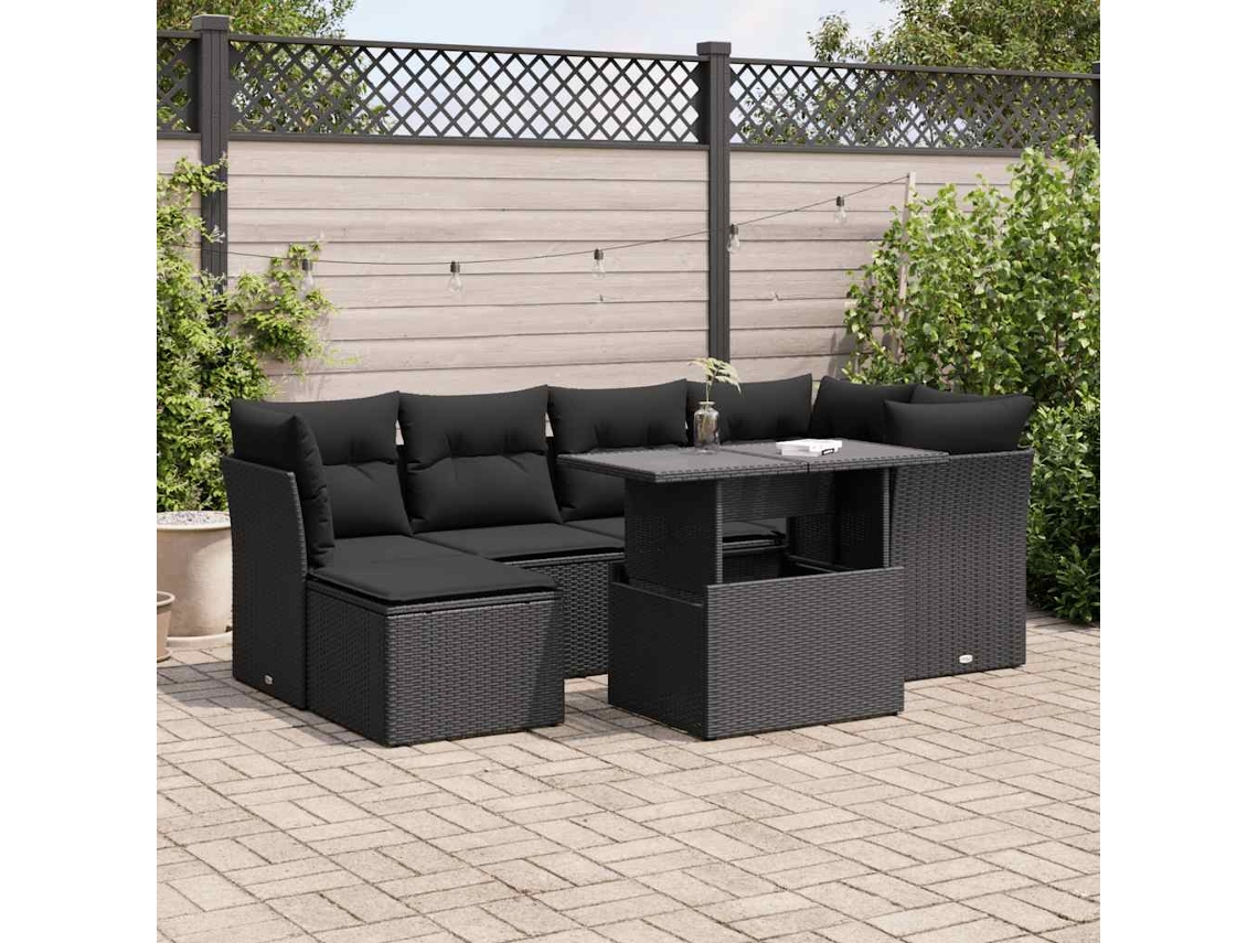 Vidaxl 7 Pcs Conjunto De Sofás P/ Jardim C/ Almofadões Vime Pe Preto
