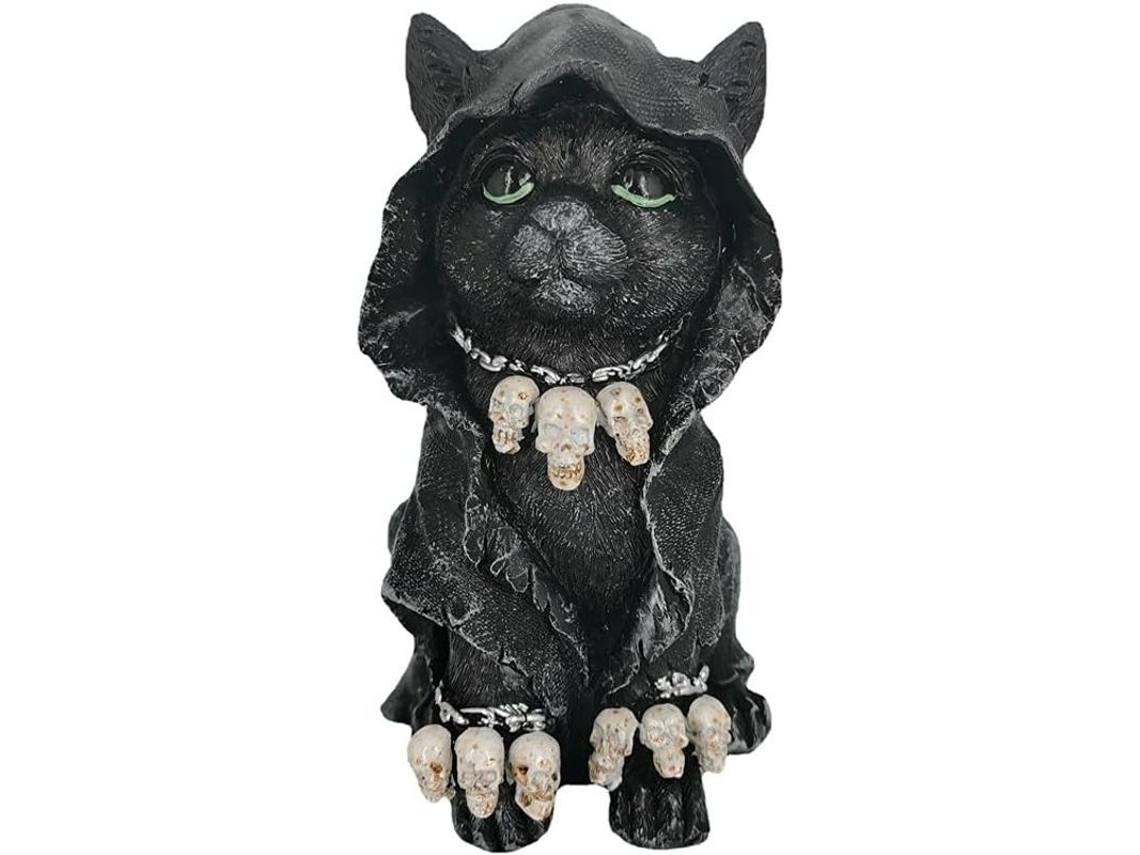 Figura de Gato Ceifador com Capa, Gatinho Preto Colecionável Gótico, Figura de Resina Pintada à Mão