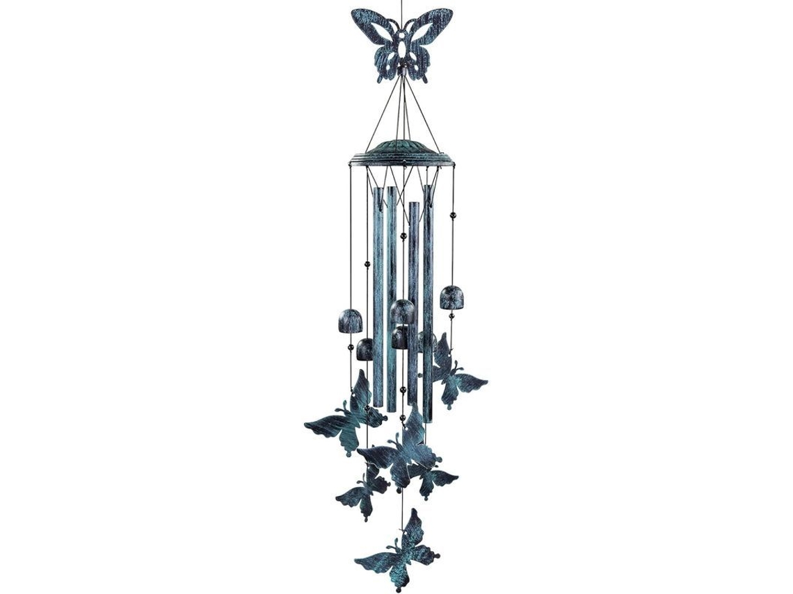Campanilla De Viento Exterior Con 4 Tubos De Aluminio Y Mariposa - Campanilla Colgante Con Gancho S Para Jardín Y Terraza