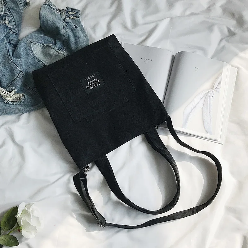 Bolsa Feminina de Ombro em Veludo Cotelê, Tote Listrada, Casual com Zíper, Transversal de Lona, Compras Charmosa AQUAFORGE