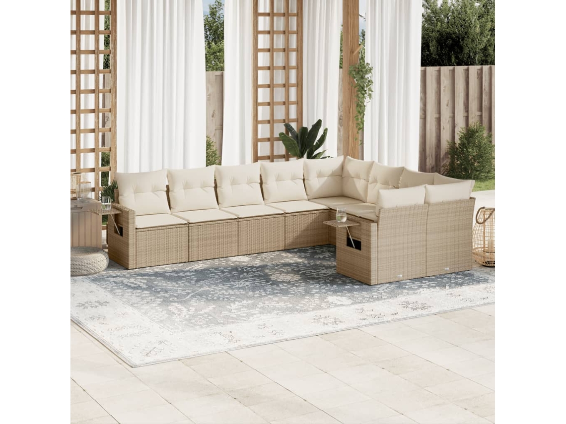 Vidaxl 9 Pcs Conjunto De Sofás P/ Jardim Com Almofadões Vime Pe Bege