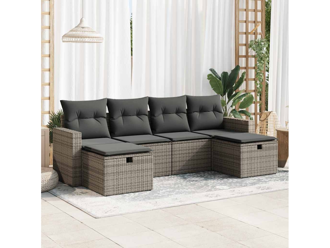 Vidaxl 6 Pcs Conjunto Sofás De Jardim Com Almofadões Vime Cinzento