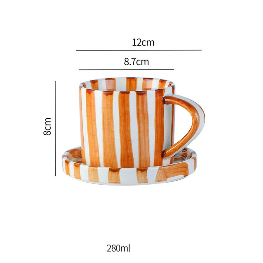 (marrom Chocolate 200-400ml) Conjunto De Xícara E Pires De Cerâmica Com Listras Simples Pintadas À Mão, 280ml.
