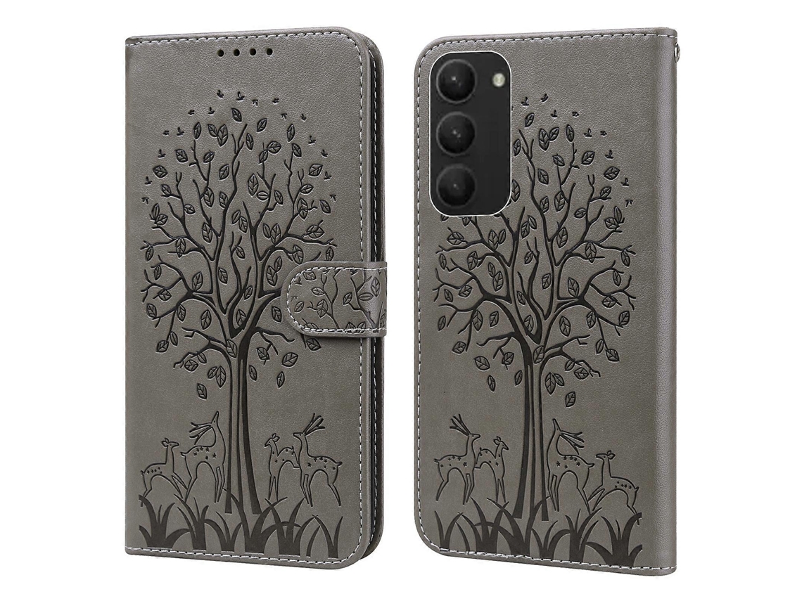 Capa De Couro Com Estampa Horizontal De Árvore E Veado Para Samsung Galaxy S23+ 5g