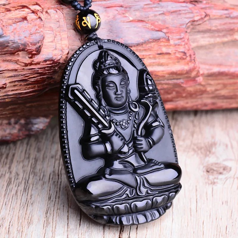 Colar com Pingente de Buda Amitabha, Colar com Imagem de Buda Esculpida em Obsidiana, Amuleto da Sorte MDUG (estilo 1)