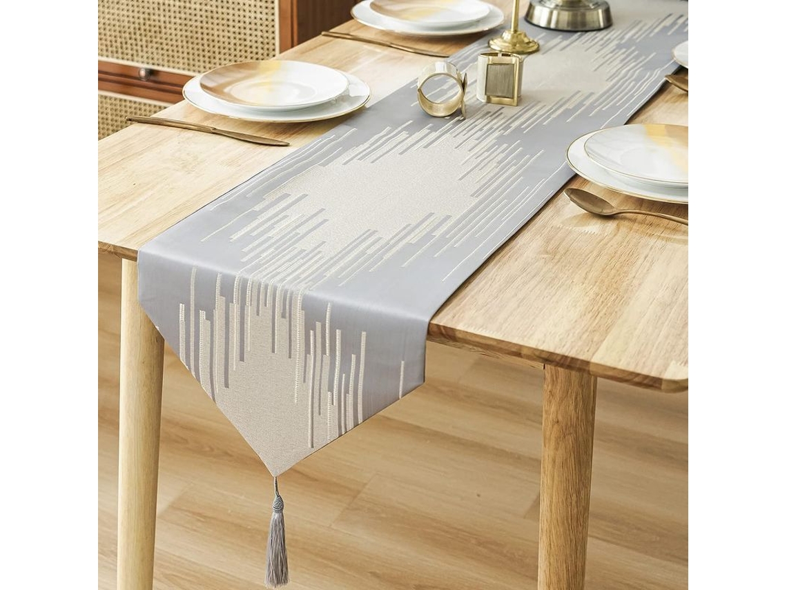 Runner de Mesa Nova Line, Cinza, 30x180cm, Luxuoso, com Franja