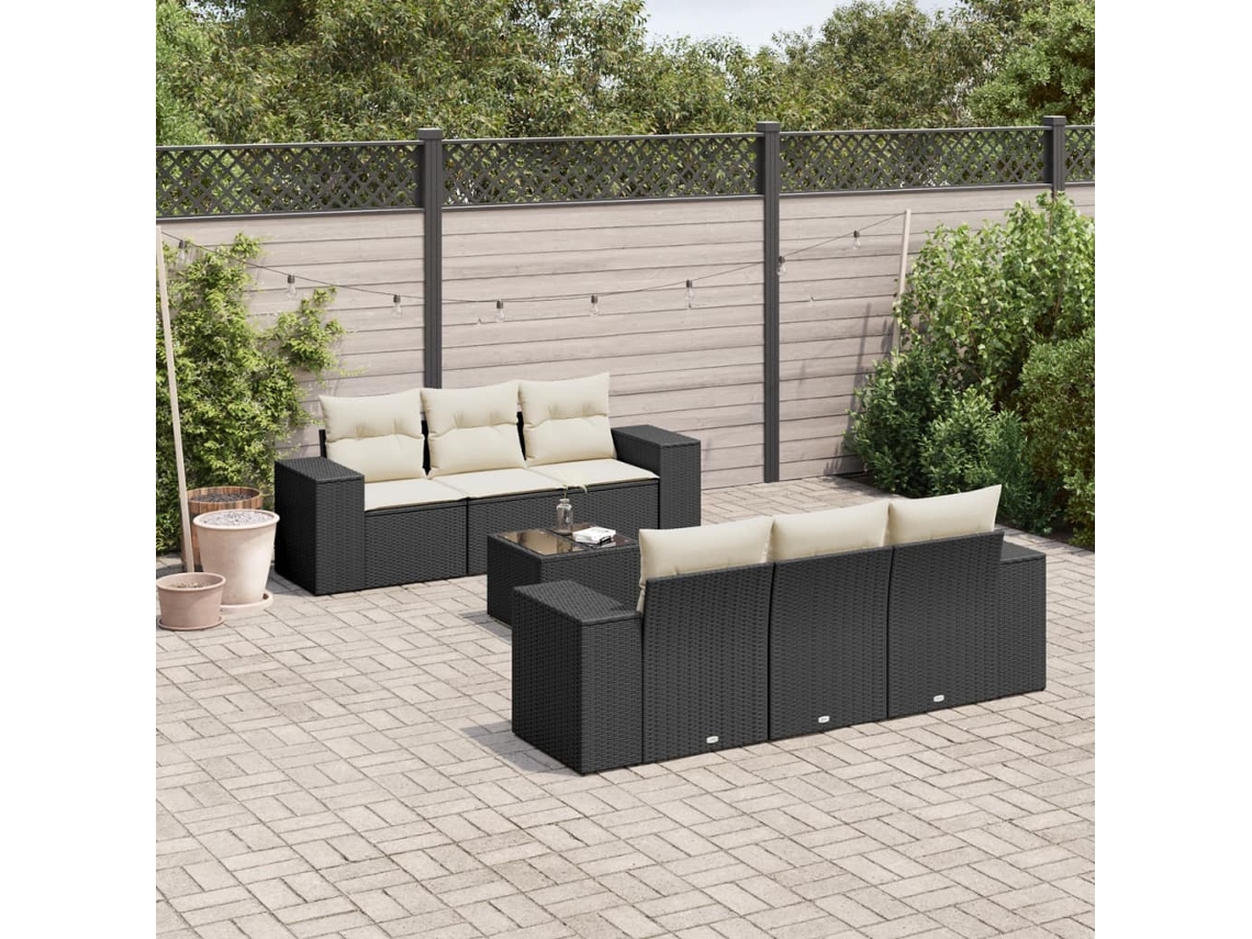 Vidaxl 7 Pcs Conjunto De Sofás P/ Jardim C/ Almofadões Vime Pe Preto