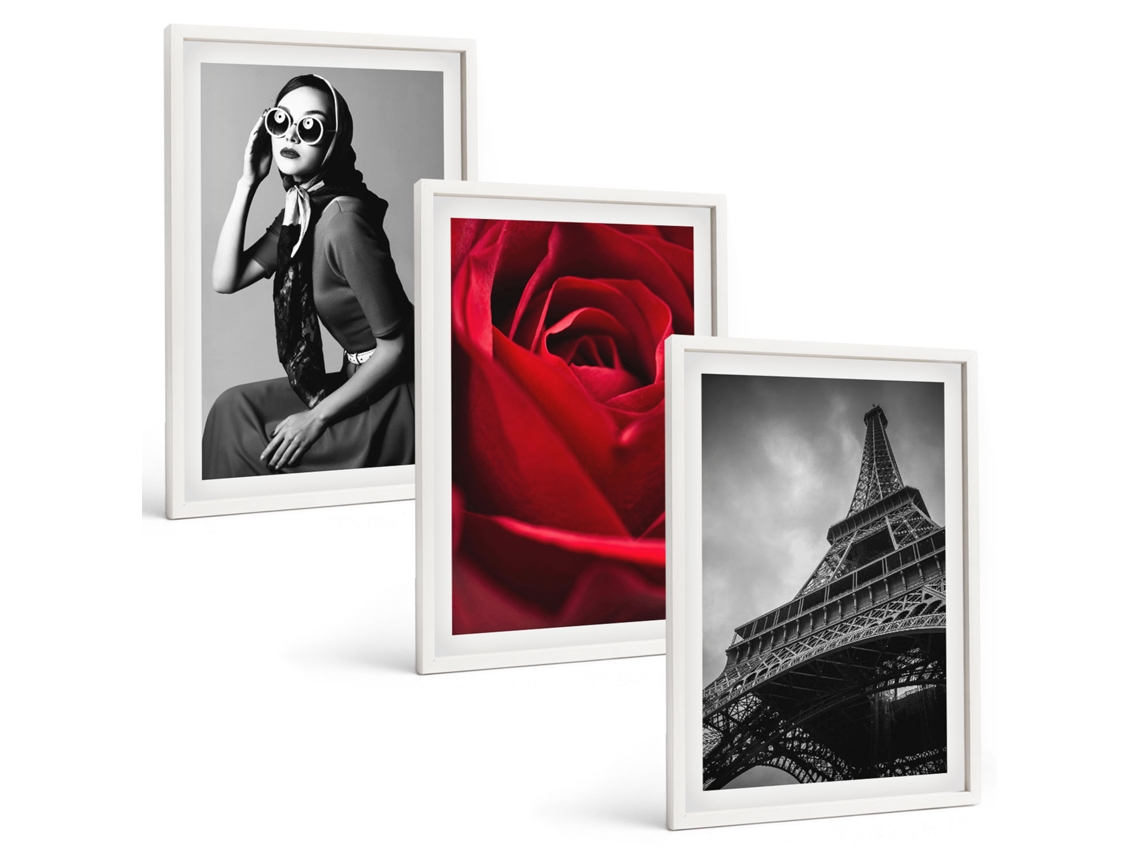 Composição De Quadros Dama Parisiense Com Óculos Eiffel Moldura Branca Quadros Para A Sala De Estar Espelharte (3 Piezas De 40x60 Cm)