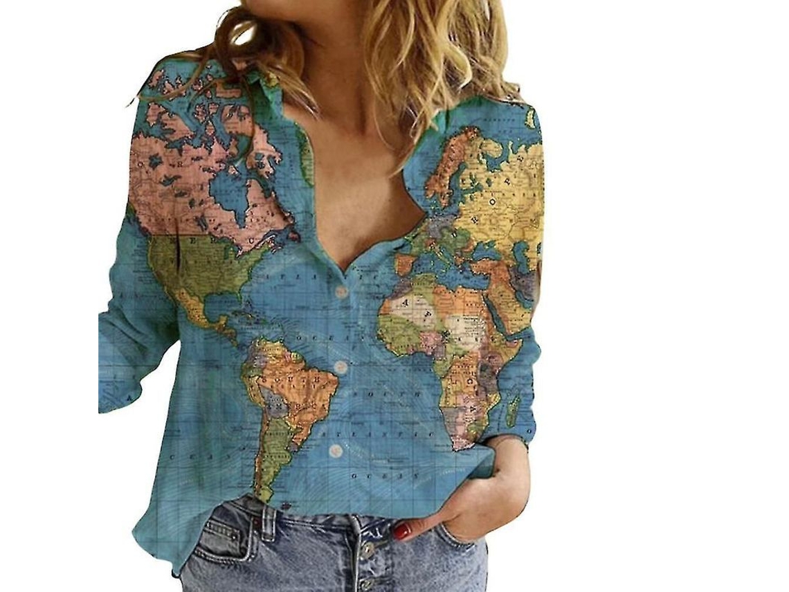 2026 camisa de Manga Longa para Mulher com Estampa de Mapa do Mundo, Gola de Camisa, Casual, Verão, Algodão