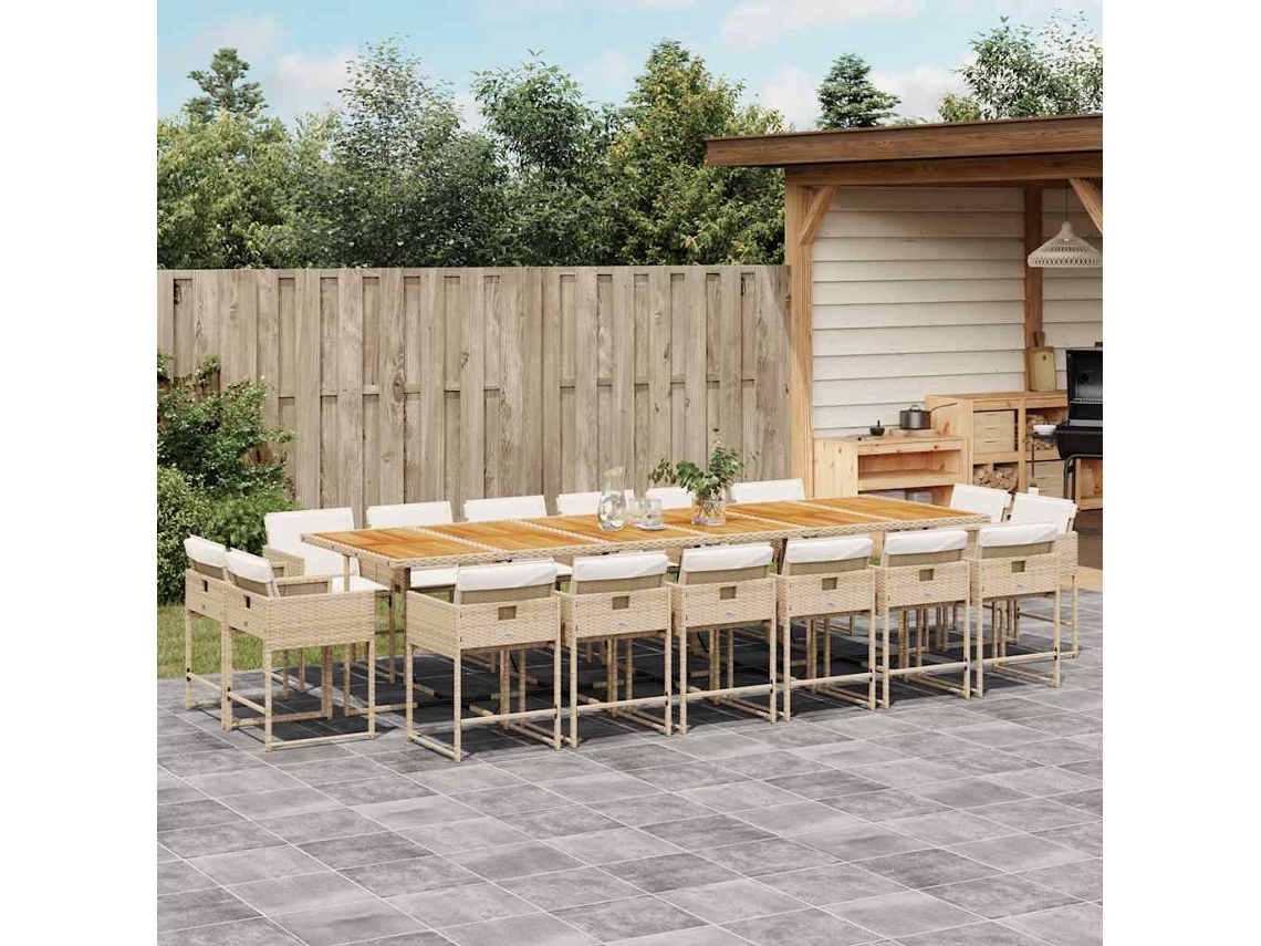 Vidaxl 17 Pcs Conjunto De Jantar P/ Jardim C/ Almofadões Vime Pe Bege