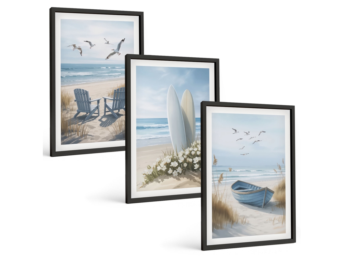 Conjunto De Pinturas Praia, Pranchas De Surfe, Pássaros Espelharte (3 Peças 40x60 Cm)