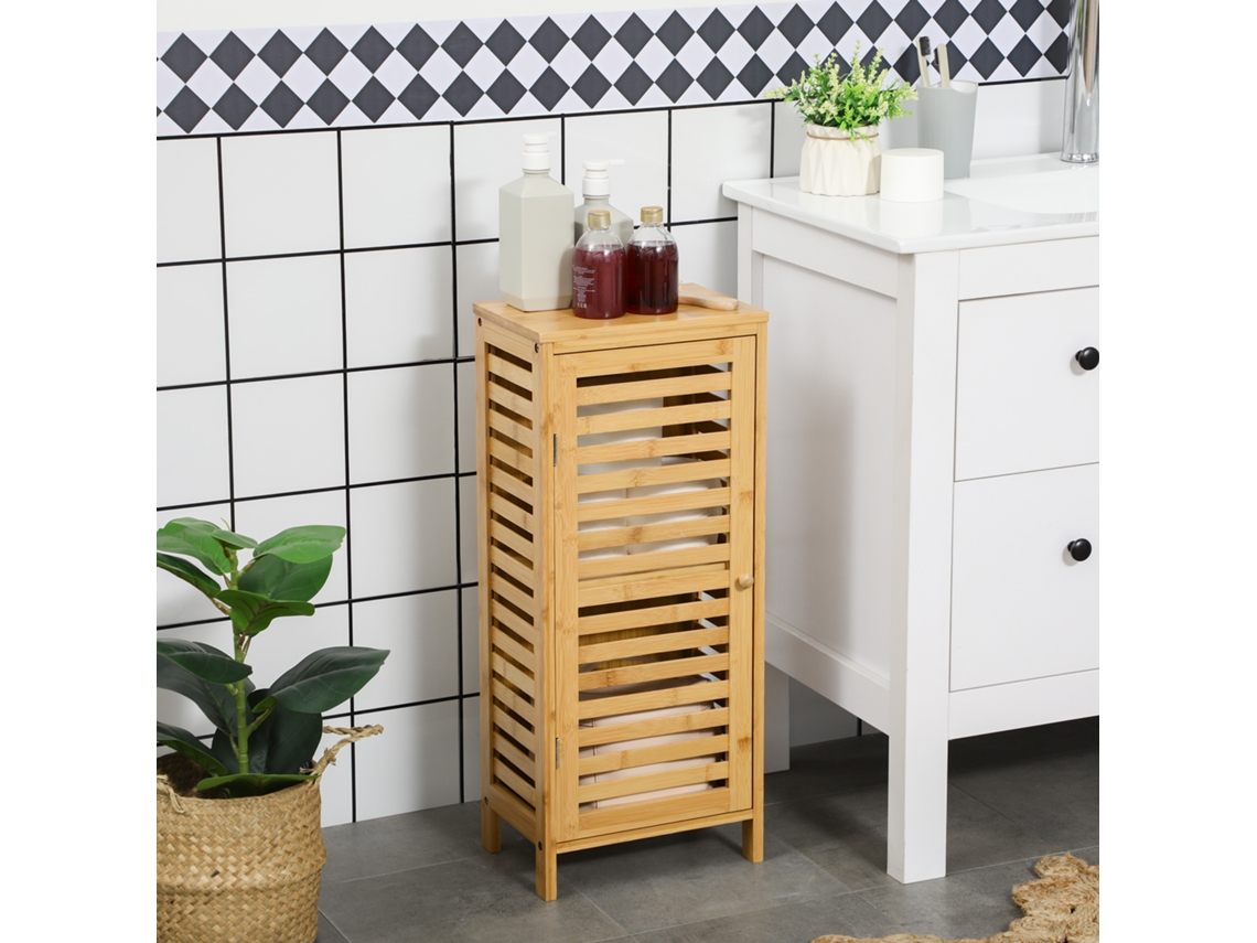 Armário Auxiliar De Banheiro Tom Natural 30x19,9x70cm, Porta Com Lâminas E 2 Compartimentos, Móvel Prático De Arrumação Para Casa De Banho