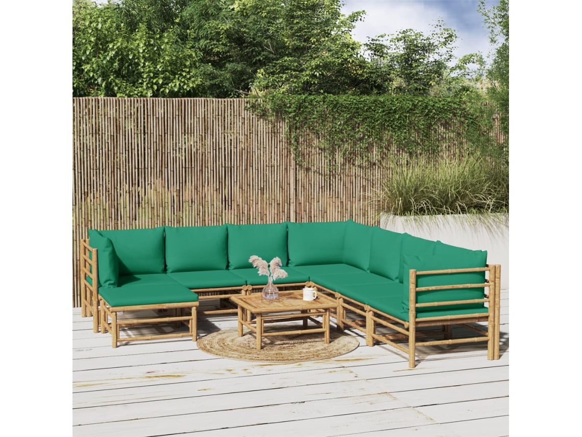 Vidaxl 9 Pcs Conjunto Lounge De Jardim Bambu C/ Almofadões Verdes