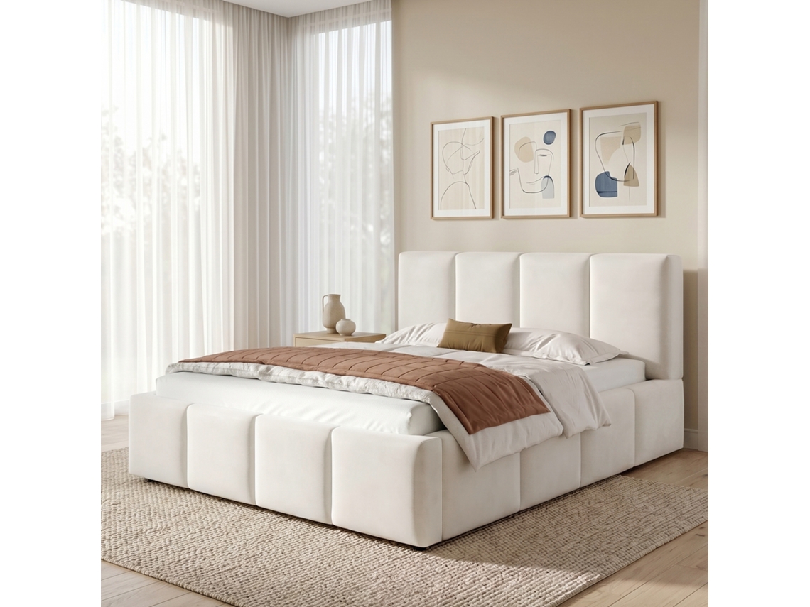 Cama Acolchoada Com Base Ripada E Encosto De Chenille Com Acabamento Na Cor Bege Dimensoes 180 X 200 Cm