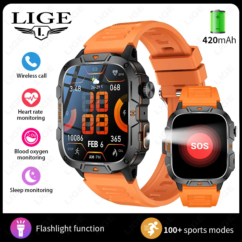 (silicone Laranja) Smartwatch De Nível Militar Com Tela Sensível Ao Toque Hd De 1,96 Polegadas E Chamadas De Voz Via Bluetooth.