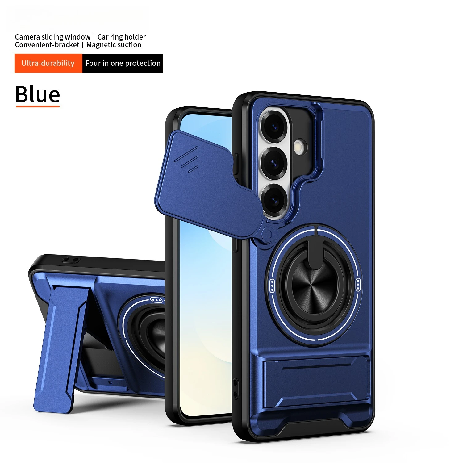 Capa Para Celular Com Suporte Magnético Giratório 360° E Anel Deslizante Para Lente (azul Galaxy F17)