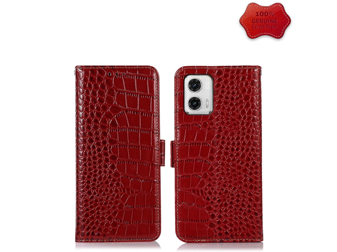 Capa Para Celular Motorola Moto G73 5g Em Couro Bovino Com Textura De Crocodilo E Camada Superior.