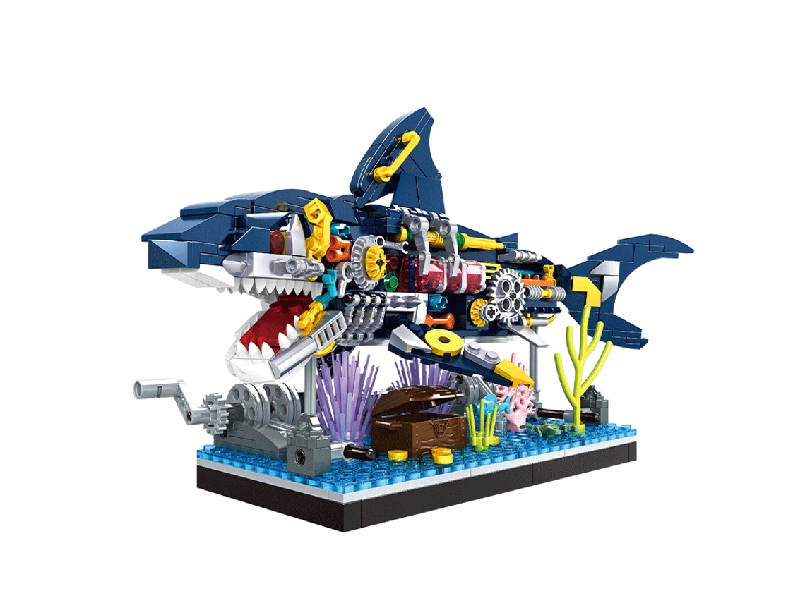 Conjunto De Blocos De Montar De Biologia Marinha Com Tema De Tubarão Oceânico E Suporte De Exibição.