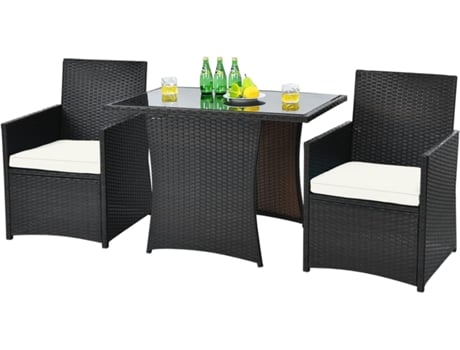 3 Peças de Mobiliário de Exterior para Terraço Conjunto de Mesa e Cadeiras para Terraço Mesa de Vidro Temperado e Cadeiras Almofadadas COSTWAY