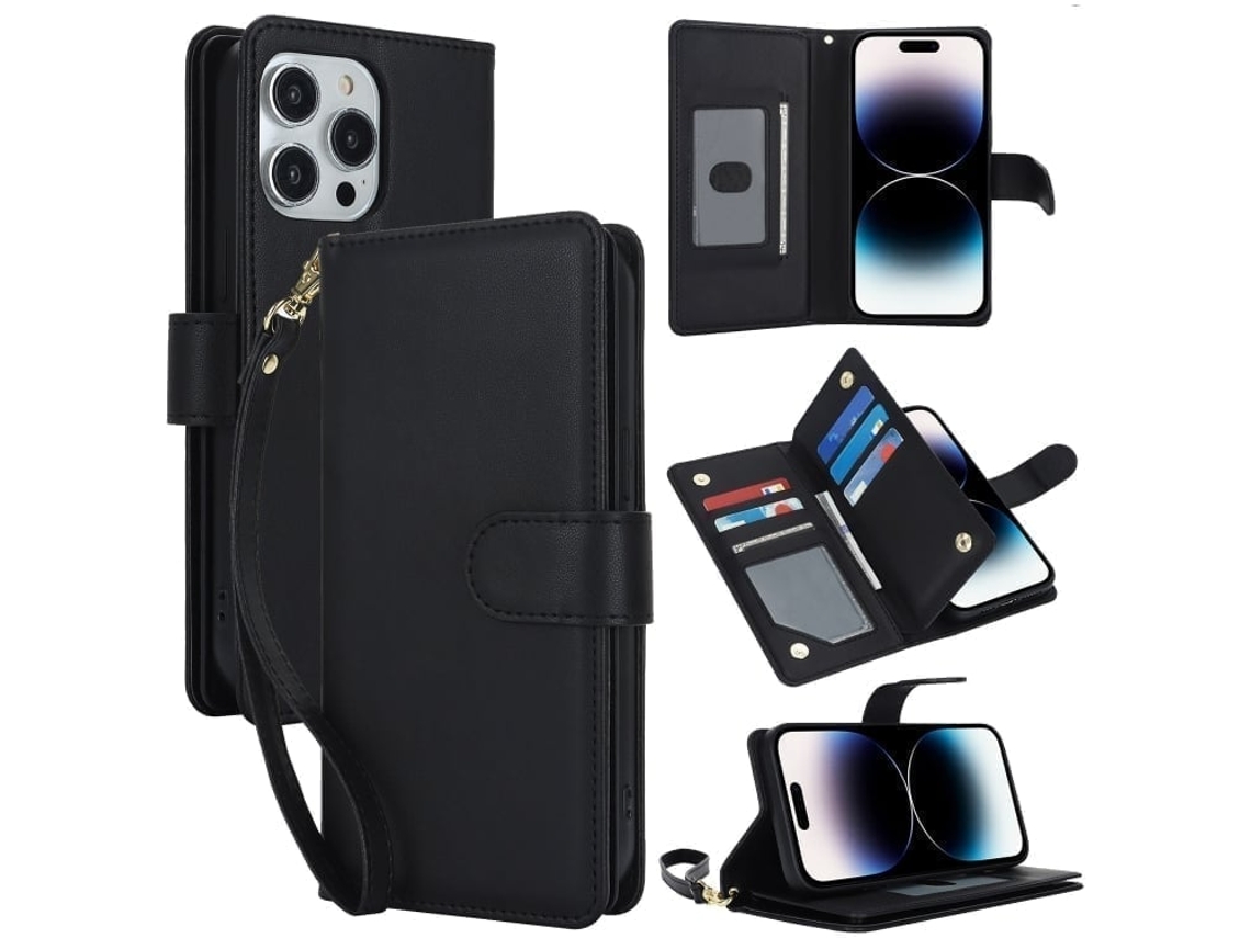 Capa Carteira De Couro Para Iphone 14 Pro Max - Com Rfid - Para Vários Cartões