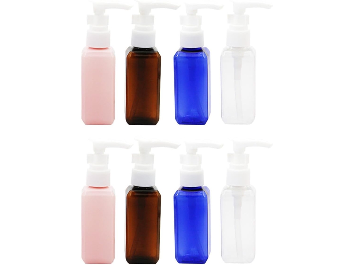 Conjunto de 8 frascos reutilizados com bomba dosadora para loção, sabonete, líquido e pomada, formato quadrado.