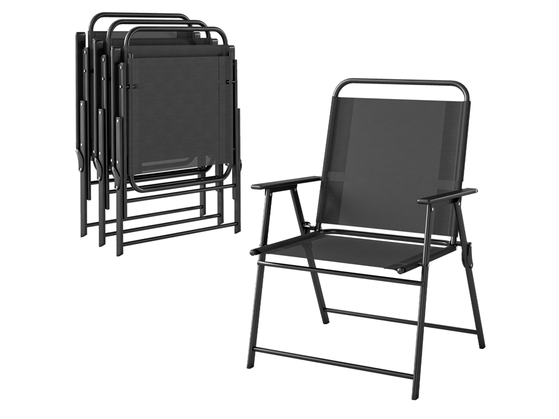 Conjunto de 4 Cadeiras Dobráveis de Jardim com Apoios de Braço. Cadeiras Externas com Assento Largo em Têxtil. Preto Ge